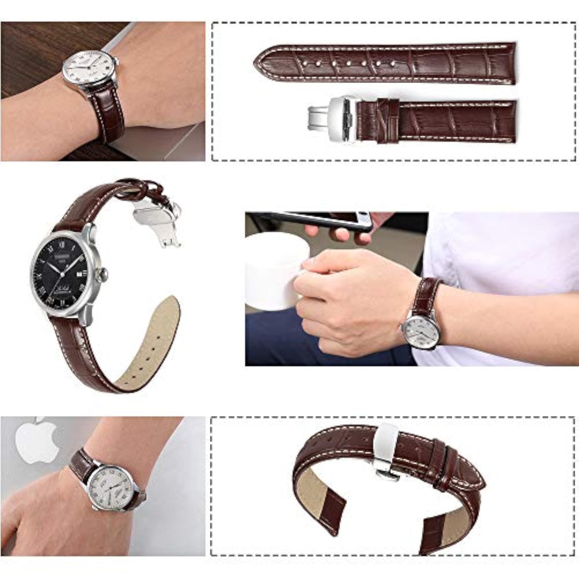 Leather Deployment Buckle Replacement Strap for Watches, Brown