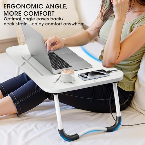 Image of Folding Lap Desk, 23.6 Inch Wood Laptop Bed Desk with Cup Holder, Portable Bed Table for Working Writing Reading & Eating for Bed, Sofa, Couch, Floor - White&Black