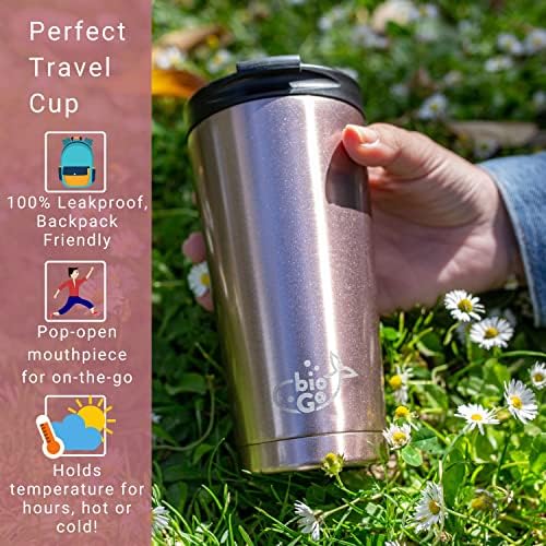bioGo Reusable Coffee Cup | No Spill Leakproof Tumbler | Spill Proof Coffee Travel Mug | Insulated Travel Coffee Mug with Lid | Hot Togo Coffee Thermos Bottle Men | to Go Cup (Rose Gold, 17oz /500ml)