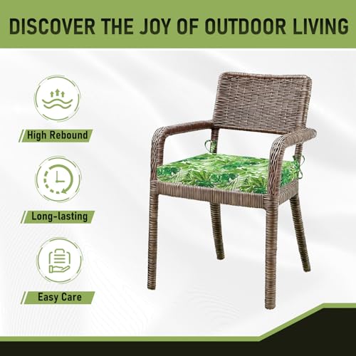 Image of Basic Beyond Outdoor Chair Cushions Set of 4, Square Corner Outdoor Cushions for Patio Furniture, Water Resistant Patio Chair Cushions with 2 Ties, 18.5x16x3, Green Leaves