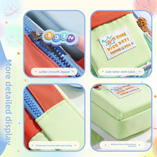 Image of Canvas School Bag Pencil Case, 3 Layer 6 Compartment Large Capacity, Aesthetic Pencil Pouch for Stationary, Cute Stationery for Kids, Pencil Case for Girls & Boys (Green Clouds)