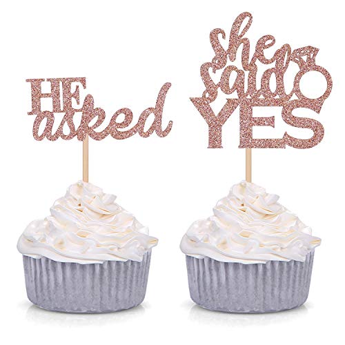 24 Counts Glitter He Asked She Said Yes Cupcake Toppers Engagement Party Decorations - Rose gold