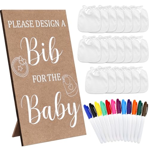 Image of Panitay 43 Pcs Baby Shower Games White Baby Bibs Design Games, Include Wooden Baby Shower Game Sign with 30 Blank White Bibs for Baby Decorating 12 Marker for Baby Shower (Classic Style)