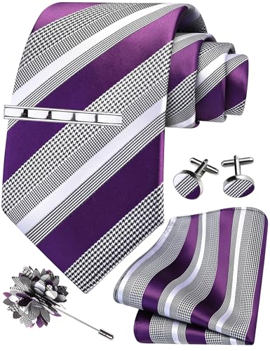 Image of GUSLESON Men's 5-pc Striped Tie Gift Set - Jacquard Necktie, Pocket Square, Cufflinks, Lapel Pin, Tie Clip - Wedding Formal Gifts