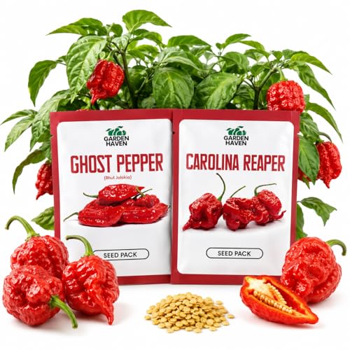Carolina Reaper and Ghost Pepper Seeds - Bhut Jolokia Reaper Seeds Grow The Hottest Peppers Garden Seeds 50+ Seeds of Each Hot Pepper 85-90% Germination Rate by Garden Haven (1)