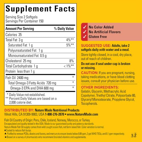 Image of Nature Made Burp Less Fish Oil Omega 3, 1200 mg Softgels, 300 Softgels | EPA DHA Omega 3 Fish Oil Supplements for Healthy Heart Support, 150 Day Supply