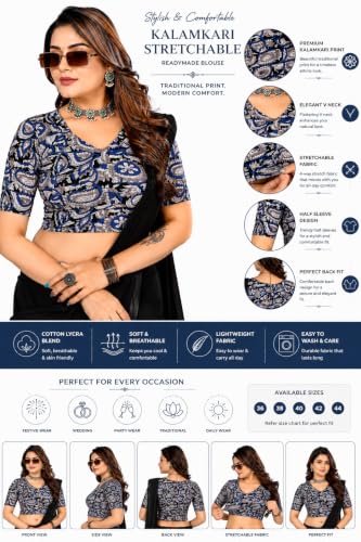 Image of Mogsa Women's Kalamkari Print Cotton Stretchable V-Neck Readymade Saree Blouse | Soft Cotton Blend | Stretch Fabric | Ready-to-Wear