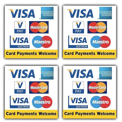 Vinyl-Aufkleber-Set mit Kreditkarten-Akzeptierung, Visa, American Express, Vpay, MasterCard, Electron, Maestro, wasser- und wetterfest, langlebig, 100 mm x 100 mm, 4 Stück Vinyl-Aufkleber-Set mit Kreditkarten-Akzeptierung, Visa, American Express, Vpay, MasterCard, Electron, Maestro, wasser- und wetterfest, langlebig, 100 mm x 100 mm, 4 Stück