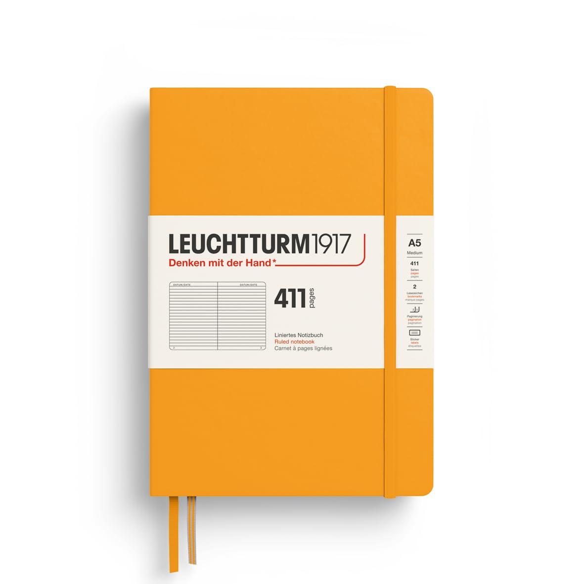 LEUCHTTURM1917 372926 Notebook 411 Medium (A5), Hardcover, 411 Numbered Pages, Rising Sun, Ruled, More Thoughts, More Ideas, More Memories, More Pages
