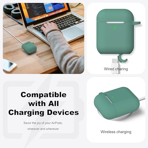 Image of AirPods Case Cover with Keychain, R-fun Full Protective Silicone AirPods Accessories Skin Cover for Women Girl with Apple AirPods Wireless Charging Case,Front LED Visible-Pine Green