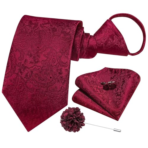 Image of Hi-Tie Red Paisley Silk Zipper Tie For Men Adjustable Pre-tied Necktie Pocket Square Cufflinks Lapel Pin Set For Wedding Gift
