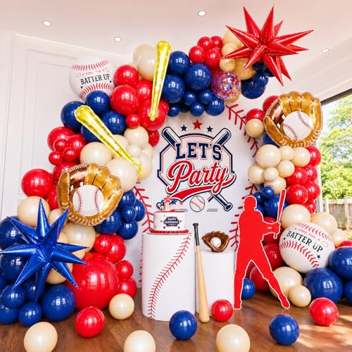 Bonropin Baseball Balloon Garland Arch Kit Baseball Party Decorations with Red White Blue Confetti Balloons Baseball Explosion Star Foil Balloons for Baseball Theme Birthday Party Supplies Baby Shower
