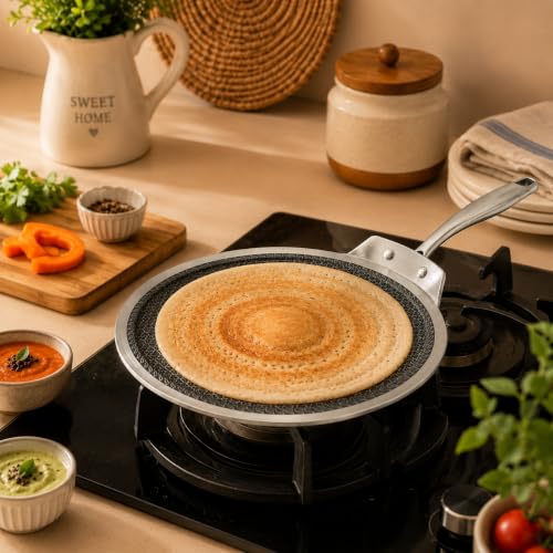 Image of Vinod SAS Pro Platinum Triply Stainless Steel Flat Multi Tawa 28 cm | 4 mm Thick | Hexa Shield Design Stick-Resistant Surface | Metal Spatula Safe | Induction Compatible | Ideal for Roti, Chilla, Dosa
