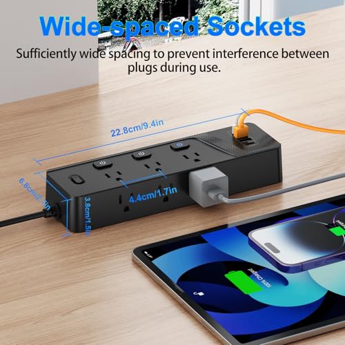 Image of HITRENDS Power Strip with 6 AC Outlets and 4 USB Ports (2 USB-A & 2 USB-C), Dual Control Switches, 6 Ft Flat Plug Extension Cord with Multiple Outlets, Overload Protection, 10A /1250W, Black