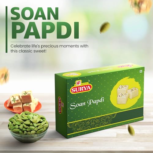 Image of HF, Surya Elaichi Soan Papdi- 200g | Made with Real Cardamom, Fresh Besan | Flaky & Crunchy Mithai, No Preservatives, Ready to Eat Indian Dessert