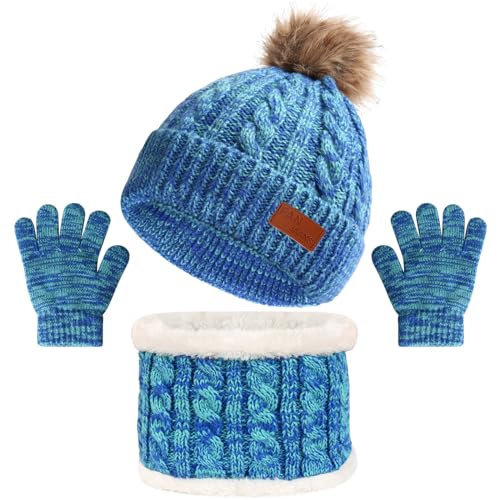 Image of Kids Hat Scarf Gloves Set, Kids Winter Beanie Hat Scarf Gloves Set with Knit Thick Warm Fleece Lined for 1-6 Years Old