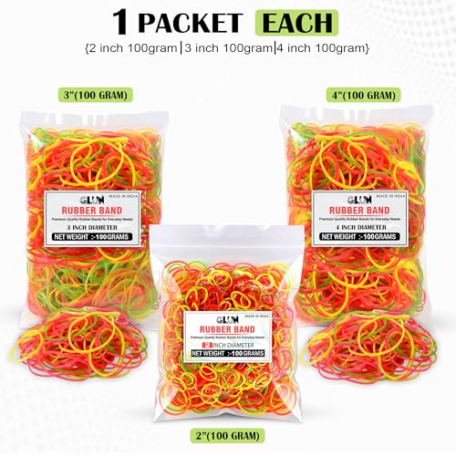 Image of GLUN Multicolour Rubber Bands 300g Pack, Assorted Sizes (2 to 4 Inch 3 Diff Size) Strong Elastic Bands for Packing, Kitchen, Home & Office Use Durable Stretchable Set