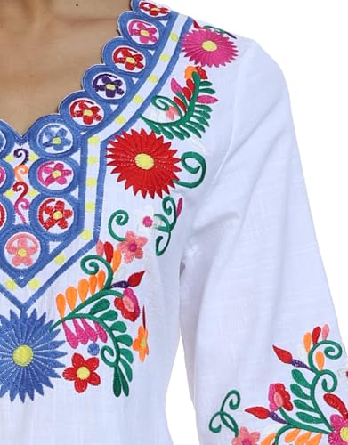 Image of YZXDORWJ Women Embroidered Mexican V Neck Floral Dress Long Sleeve Floral Traditional Bohemian Dress