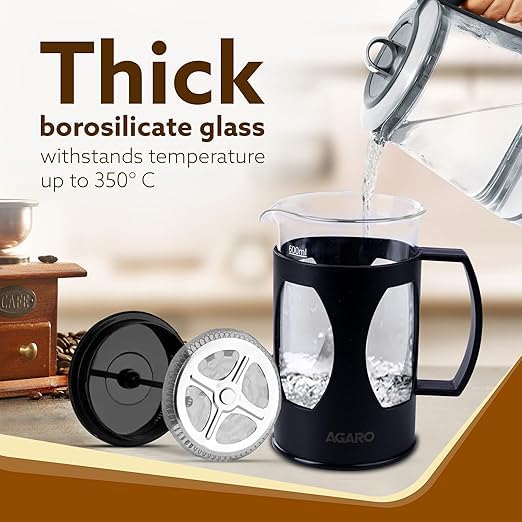 Image of French Press Coffee & Tea Maker Borosilicate Glass Carafe 4 Level Filtration System Stainless Steel Plunger with Mesh 1-2 Cups of Coffee Brews in Just 3 Minutes BPA Free Lid Strainer Black 300 ML