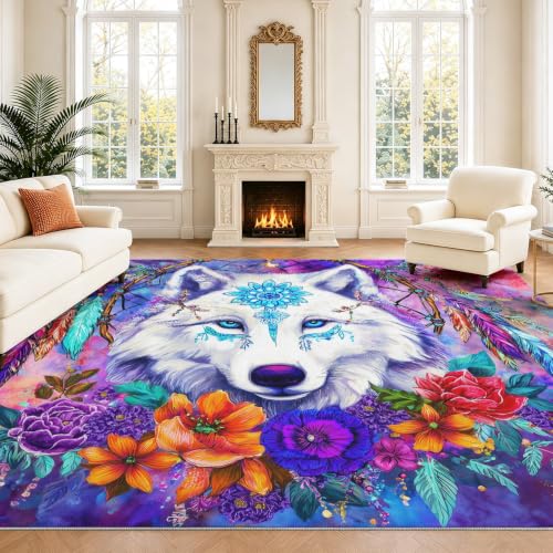Alfombra de dormitorio de lobo blanco y bosque colorido, tapete de franela para suelo interior 2