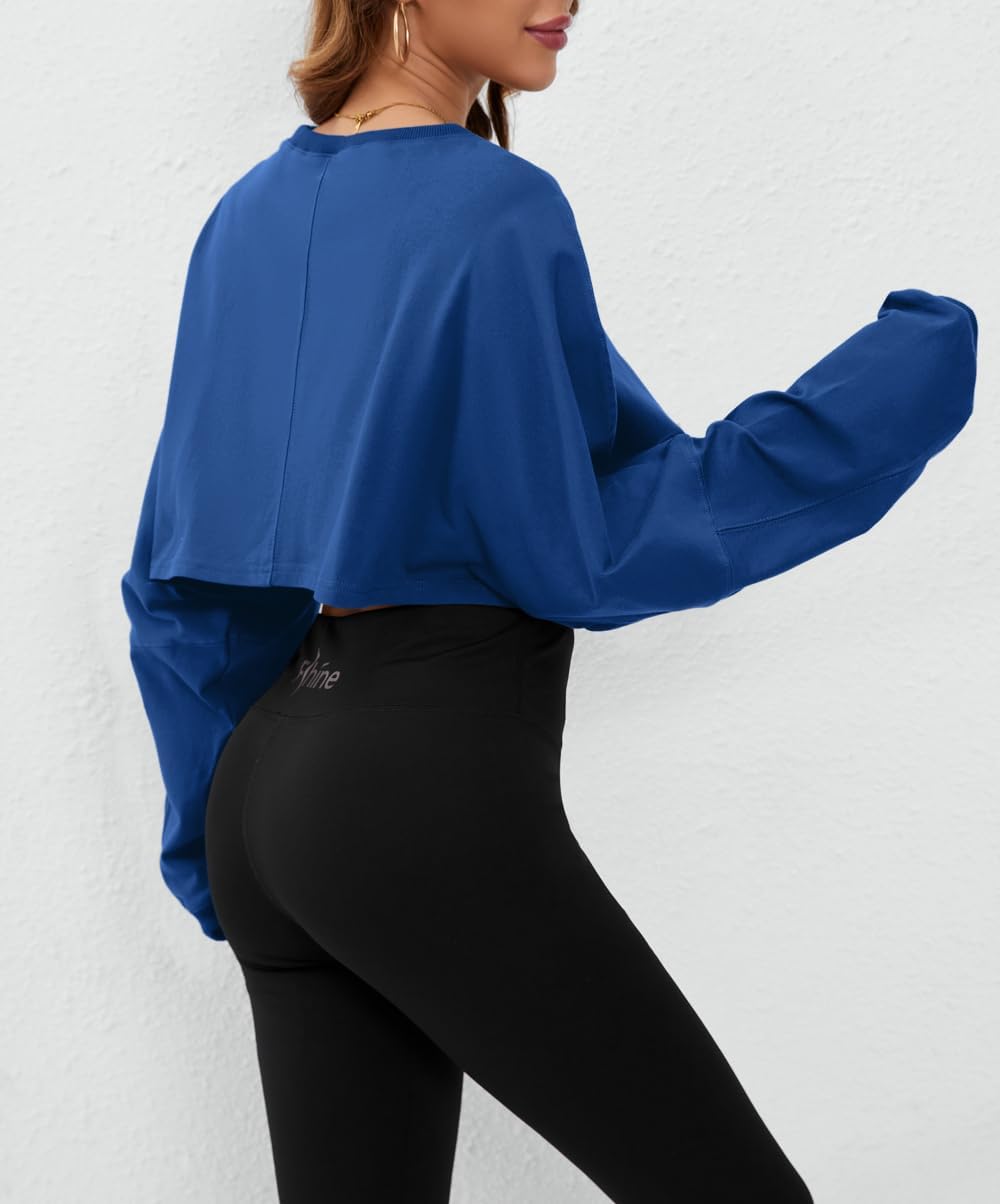 Meladyan Women Long Sleeve Crewneck Crop Top Sweatshirt Casual Solid Loose Fit Workout Cropped Pullover Tops Blue - Image 5