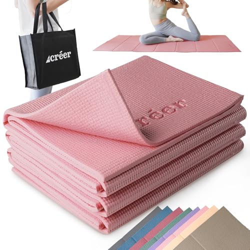 créer(クレエ)【ヨガスタジオ推奨サイズ】折りたたみヨガマット 145cm×61cm 持ち運び用バッグ付き 6mm 小さめサイズ (ホットヨガスタジオ推奨サイズ、スモーキーピンク)の商品画像（Amazon）