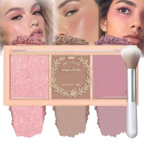 3-in-1 Blush Highlighter & Face Powder Palette – Matte & Glow Cheek Makeup with Buildable Colour – Long-Lasting Travel-Friendly Powder & Cream Blusher Kit for Natural Skin Finish (Fruit Tea Blush)