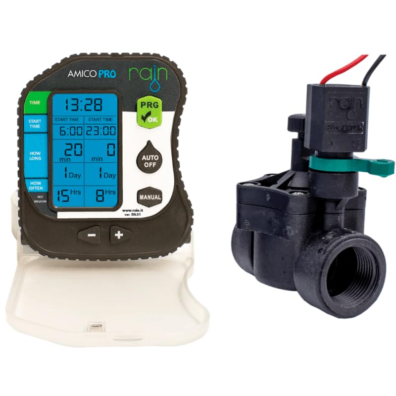 RIEGOPRO Programador de Riego Amico PRO 9V DC 1 Zona de Riego. Incluye Electroválvula 9V DC 150N 1' (32mm) Hembra. Fácil Programación.