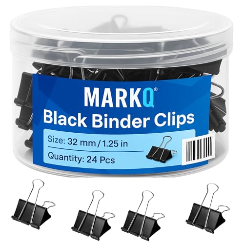 MARKQ Binder Clips Metal Black | Strong Corrosion-Resistant Foldback Paper Clamps for Office Home School Documents Notes & Files Organization Medium 32mm - Pack of 24