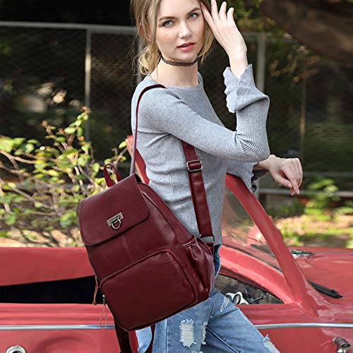 Genuine Leather Backpack Women Fashion Daypack Ladies Waterproof Rucksack for Work Shopping Travel Knapsack Winered2