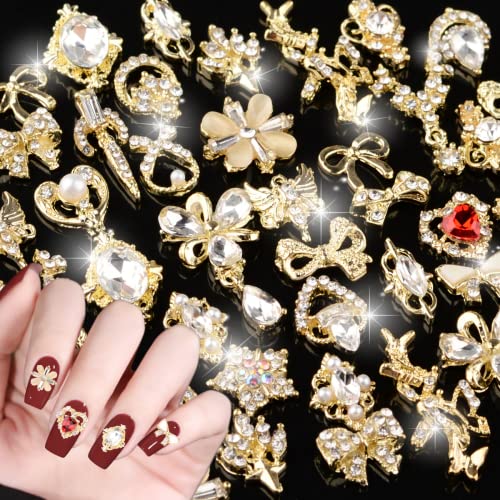Edittime 24Pcs Luxury 3D Metal Alloy Nail Art Rhinestones Charms Shiny Nail Crystal Diamonds Gems Dangle Manicure Nail Jewelry Studs (Gold Kit-3) #TOP4