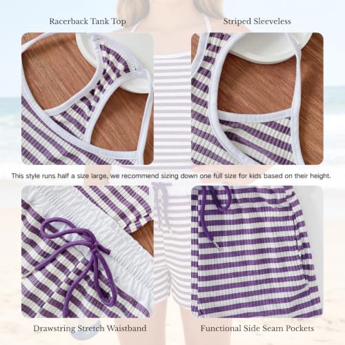 Image of Size 7-14Y Girls Clothes 2 Piece Outfits Striped Tank Top Drawstring Shorts Teen Girls Summer Clothing Sets