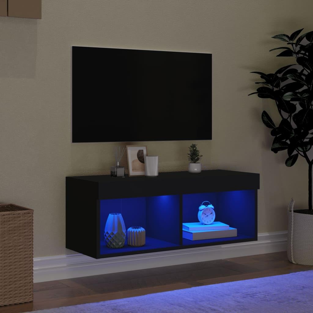 Stojak na telewizor LED, czarny, nowoczesny design, 80 x 30 x 30 cm, centrum rozrywki z oświetleniem RGB, regulowane półki, idealny do salonu i sypialni