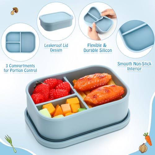Image of Honeydak 4 Pcs Silicone Bento Box, 3 Compartment Lunch Food Container for Women Men, Leak Proof Microwave Easy to Clean Dishwasher Freezer Safe (Blue)