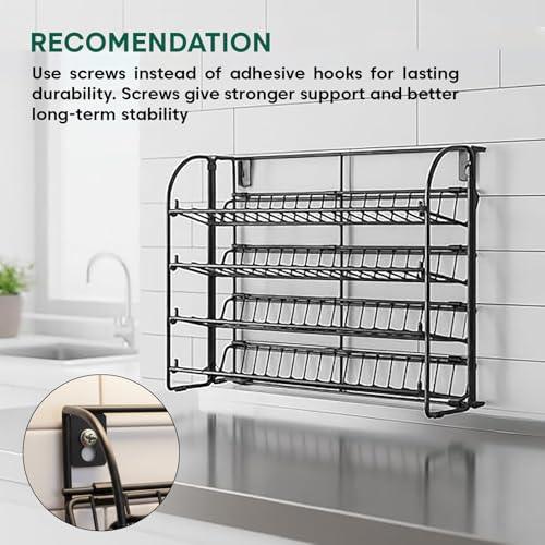 4 Tier Spice Rack Organiser – 2-in-1 Free Standing & Wall Mounted Iron Seasoning Rack with Non-Slip Feet, Space-Saving Kitchen Counter & Cupboard Storage (without Jars) - Image 5