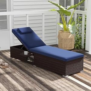 Tangkula patio chaise lounge outdoor rattan lounge chair w 6 level backrest comfy seat cushion headrest sturdy metal frame outside reclining chair for backyard poolside 1 navy  urban country home decor