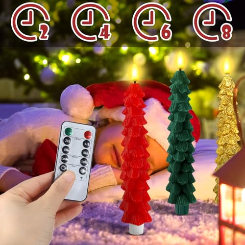 Image of Funtery 6 Pcs LED Christmas Tree Flameless Taper Candles Real Wax Battery Operated Candlestick Lights with 3D Flame and Remote Timer Window Fireplace(Red Green Gold,Christmas Tree)