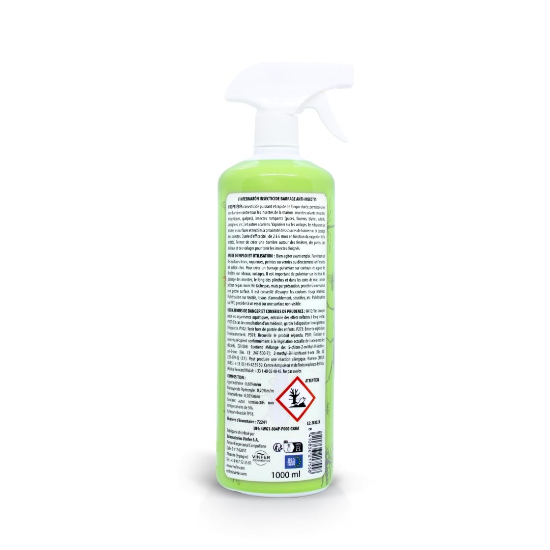 VINFERMATON – Insecticide Liquide Barrage Anti-Insectes 1 L | Longue Durée 2-6 Mois | Tous Insectes Volants & Rampants | Pistolet Prêt à l'Emploi | Ne Tache Pas