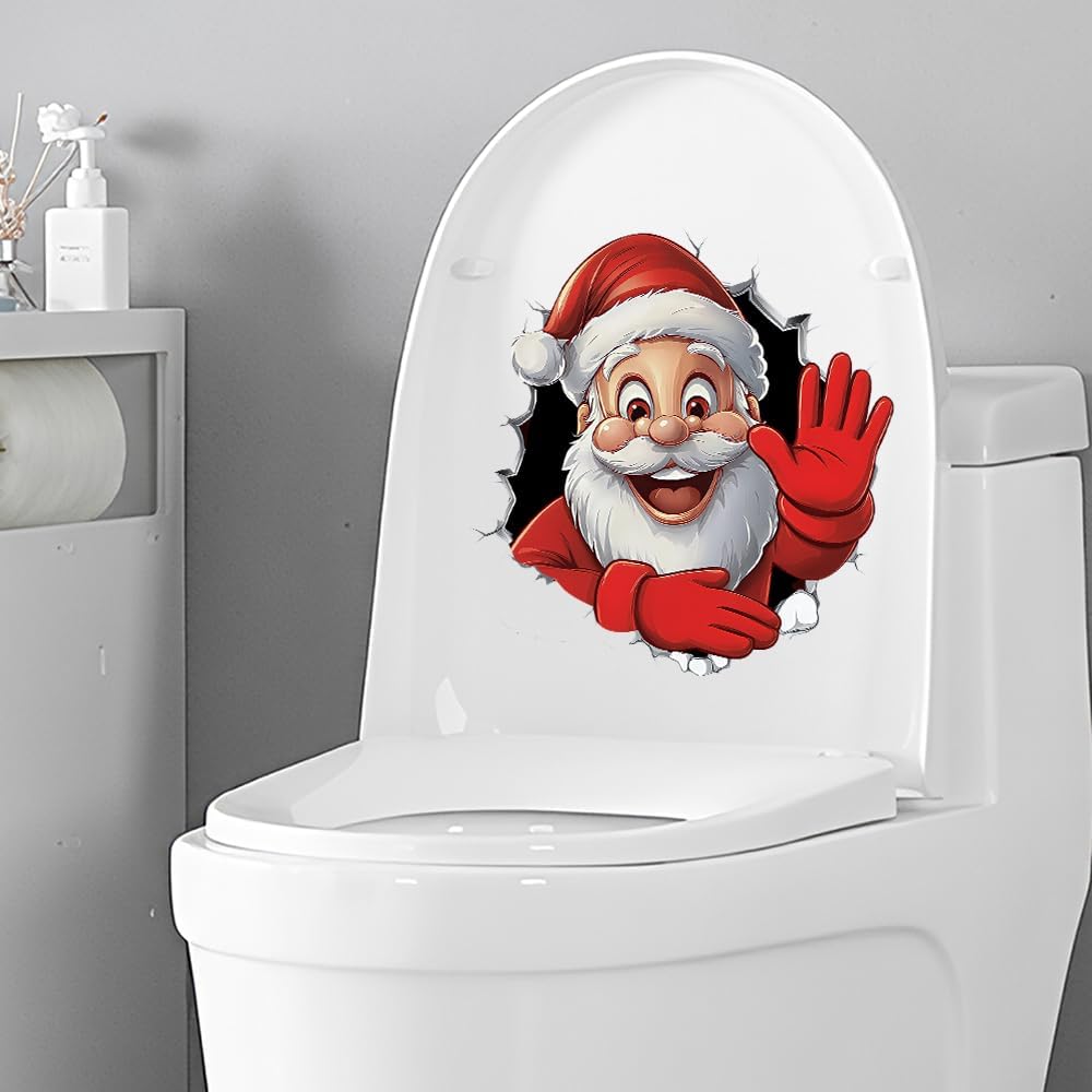 Christmas Santa Claus Toilet Cover Sticker, Removable Christmas Elf Reindeer Crack Toilet Lid Sticker, Xmas Wc Bathroom Wall Door Stickers (Smile Santa Claus) image 4