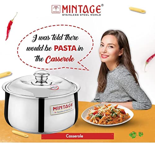 Image of Mintage Harmony Casserole with Lid 1000 Ml | Casserole for Roti Hot Case | Casserole Stainless Steel Hot Pot, Food Grade | Casserole Rice-Gravy-Curry, Silver Hot Box with Steel Lid