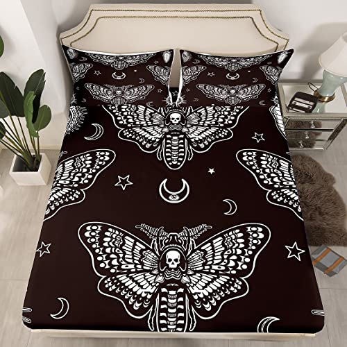 Manfei Gothic Skull Fitted Sheet Death Moth And Flower Print Bedding Set 3Pcs For Kids Moon And Star Decor Sheet Set Microfiber Bed Sheet Set (1 Fitted Sheet + 2 Pillow Cases) Full Size #TOP22