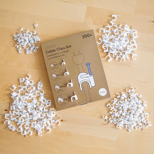 300 Stück Kabelschellen: Kabelhalter mit Nagel für bestes Kabelmanagement – Weiße Indoor & Outdoor Kabelbefestigung Wand – 4 mm, 6 mm, 8 mm, 10 mm Durchmesser – Office Accessoires von LIVAIA