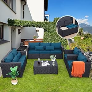 Rattaner Patio Furniture Set 5 Pieces Outdoor Furniture Sets Patio Couch Outdoor Chairs Coffee Table Peacock Blue Anti Slip Cushions and Waterproof Covers