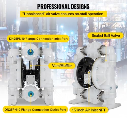 Image of VEVOR Air-Operated Double Diaphragm Pump 1 inch Inlet /Outlet 30GPM Polypropylene Max 120PSI for Chemical and Industrial Use