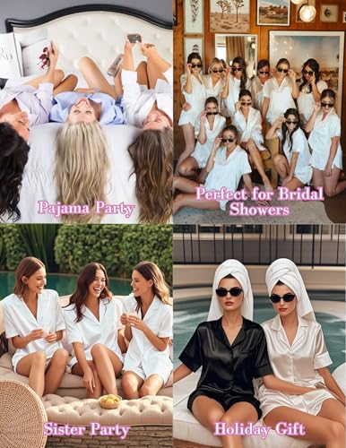 Satin Pajama Set for Women Short Sleeve 2 Piece Button Up Lounge Shorts Satin Lingerie Sexy Pjs Cute Sleepwear(White,M)2