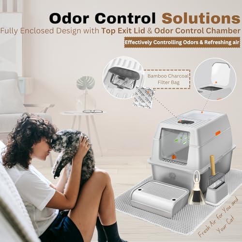 XL Stainless Steel Litter Box with Lid, Fully Enclosed 6" Deep Metal Cat Litter Box, Leak-Proof, Clumping Litter for Large, Multi-Cats, with Litter Mat, Scooper & Brush (6" Light Gray XL)