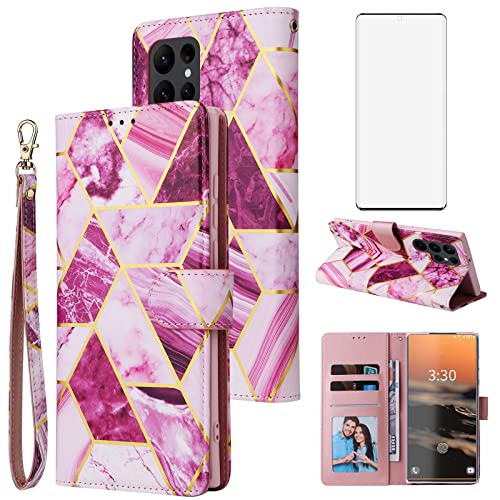 Asuwish Compatible with Samsung Galaxy S23 Ultra 5G Wallet Case and Tempered Glass Screen Protector Leather Flip Card Holder Kickstand Phone Cover for S23ultra 23S S 23 S23ultra5g Women Men Purple