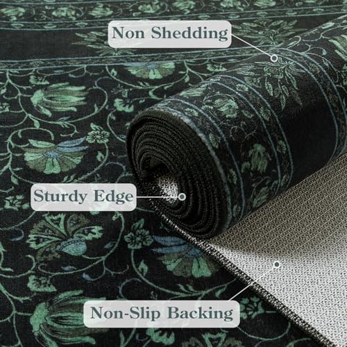 Image of Lahome Black Kitchen Runner Rug 2x6, Low Plie Rug Runners for Hallways Non Slip, Vintage Floral Washable Runner for Entryway Laundry Room Bathroom (2'x6', Black /Green)