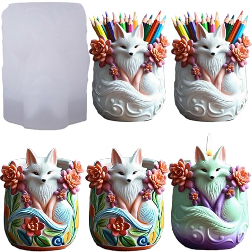 QUDYNZAL 1 Pc Fox Resin Storage Box Silicone Mold Animal Flower Pot Epoxy Jar Candle Mold for DIY Crafts Candlestick Home Decoration Plaster Cement Concrete Craft Soap Thanksgiving Party Favors