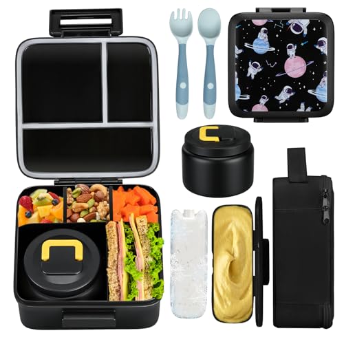 JXXM Bento Lunch Box for Kids With 8oz Soup Thermo,Leak-proof Lunch Containers with 5 Compartment,Thermo Food Jar and Lunch Bag, Food Containers for School (A-Black(Circumnavigate Space))